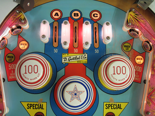 A view of the upper playfield, showing the A, B, and C rollovers, three bumpers, and the add bonus targets.