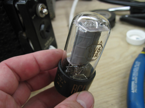An RCA 6V6 power output tube.