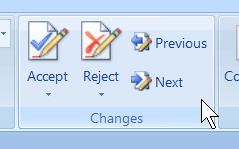 The Changes buttons, comprised of Previous, Next, Accept, and Reject.